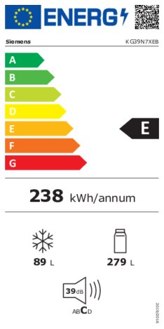 Energielabel SIEMENS koelkast blacksteel KG39N7XEB