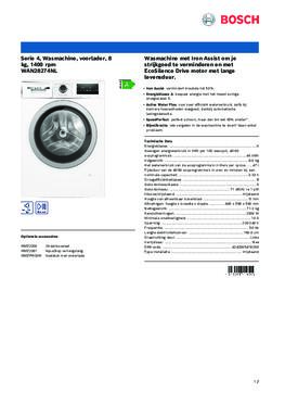 Product informatie BOSCH wasmachine WAN28274NL
