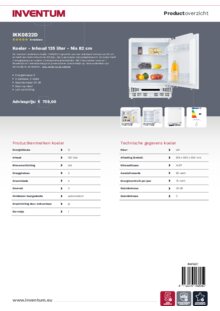 Product informatie INVENTUM koelkast onderbouw IKK0822D