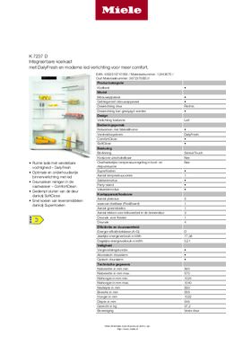 Product informatie MIELE koelkast inbouw K7237D