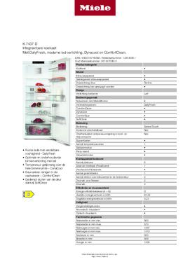 Product informatie MIELE koelkast inbouw K7437D