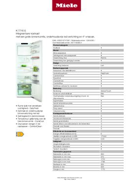 Product informatie MIELE koelkast inbouw K7716E
