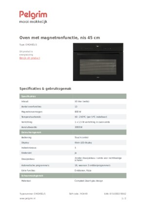 Product informatie PELGRIM oven met magnetron inbouw OM240GLS