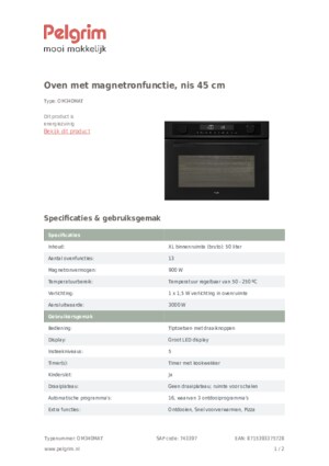 Product informatie PELGRIM oven met magnetron inbouw OM340MAT