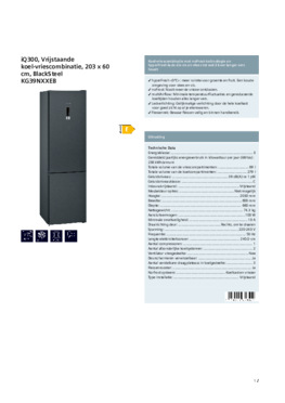 Product informatie SIEMENS koelkast blacksteel KG39NXXEB