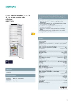 Product informatie SIEMENS koelkast inbouw KI81FPDE0
