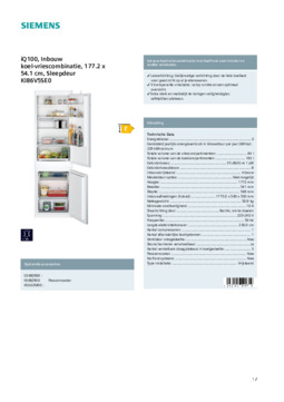 Product informatie SIEMENS koelkast inbouw KI86V5SE0