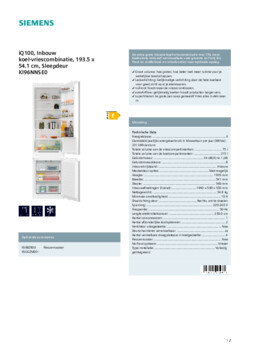 Product informatie SIEMENS koelkast inbouw KI96NNSE0