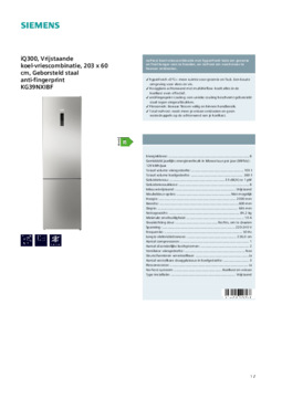 Product informatie SIEMENS koelkast rvs KG39NXIBF