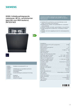 Product informatie SIEMENS vaatwasser inbouw SN75ZX16CE