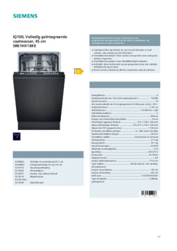 Product informatie SIEMENS vaatwasser smal inbouw SR61HX16KE