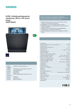 Product informatie SIEMENS vaatwasser verhoogd inbouw SX87TX02CE