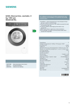 Product informatie SIEMENS wasmachine WG44H207NL