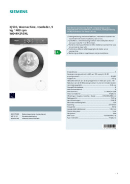 Product informatie SIEMENS wasmachine WG44H2A5NL