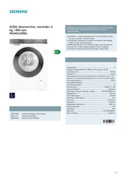 Product informatie SIEMENS wasmachine WG46G2Z8NL