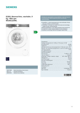 Product informatie SIEMENS wasmachine WG46G2Z9NL EXTRAKLASSE