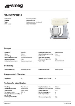 Product informatie SMEG keukenmachine creme SMF02CREU