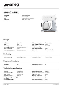 Product informatie SMEG keukenmachine wit SMF02WHEU