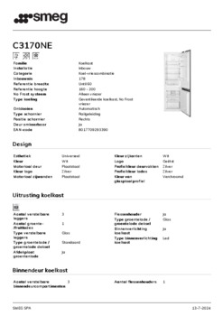 Product informatie SMEG koelkast inbouw C3170NE