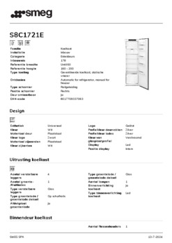 Product informatie SMEG koelkast inbouw S8C1721E