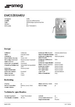 Product informatie SMEG koffiemachine EMC02EGMEU