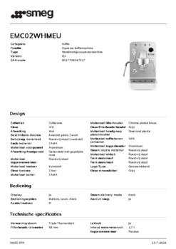 Product informatie SMEG koffiemachine EMC02WHMEU
