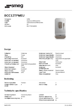 Product informatie SMEG koffiemachine taupe BCC12TPMEU