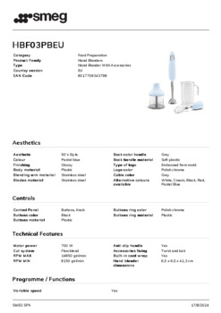 Product informatie SMEG staafmixer HBF03PBEU