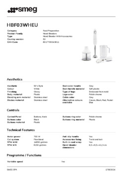 Product informatie SMEG staafmixer HBF03WHEU