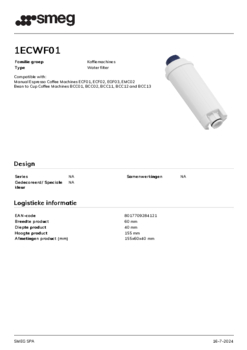Product informatie SMEG waterfilter 1ECWF01