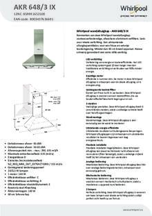 Product informatie WHIRLPOOL afzuigkap wand AKR 648 3 IX