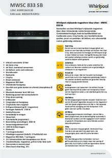 Product informatie WHIRLPOOL combi magnetron MWSC 833 SB