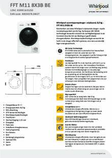 Product informatie WHIRLPOOL droger warmtepomp FFT M11 8X3B BE