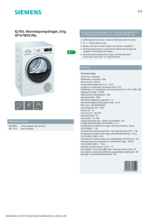 Product informatie SIEMENS droger warmtepomp WT47W5E7NL